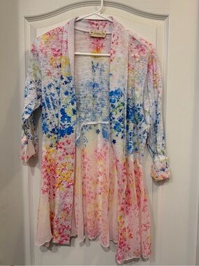 Women’s Floral Open Cardigan - White with Pink, Blue & Yellow Accents